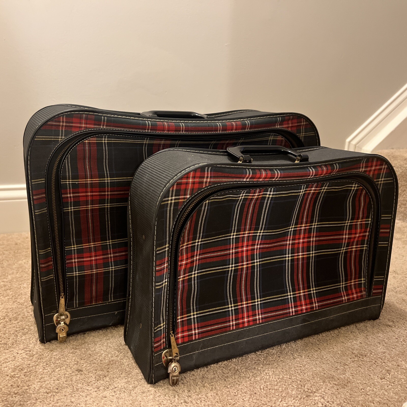 2 Vintage Red And Black Tartan Plaid Softshell Luggage Suitcases