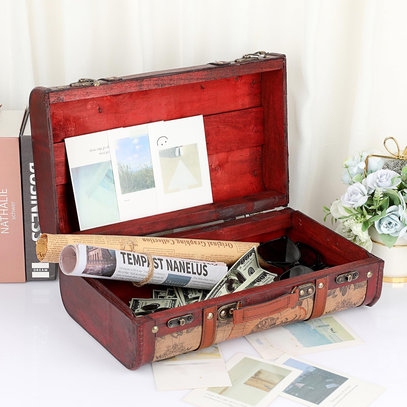 ELLDOO Vintage Wooden Storage Chest, Portable Decorative Luggage Suitcase, Tr…