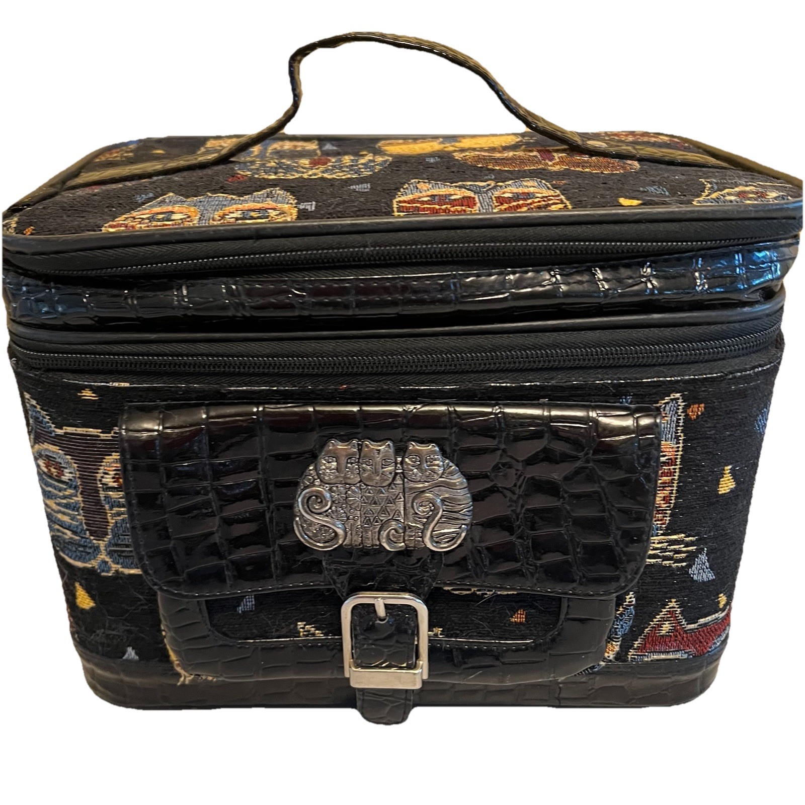 Laurel Burch Vtg World Travel Cat Train Case Adjustable Strap Cosmetics 90s Y2K