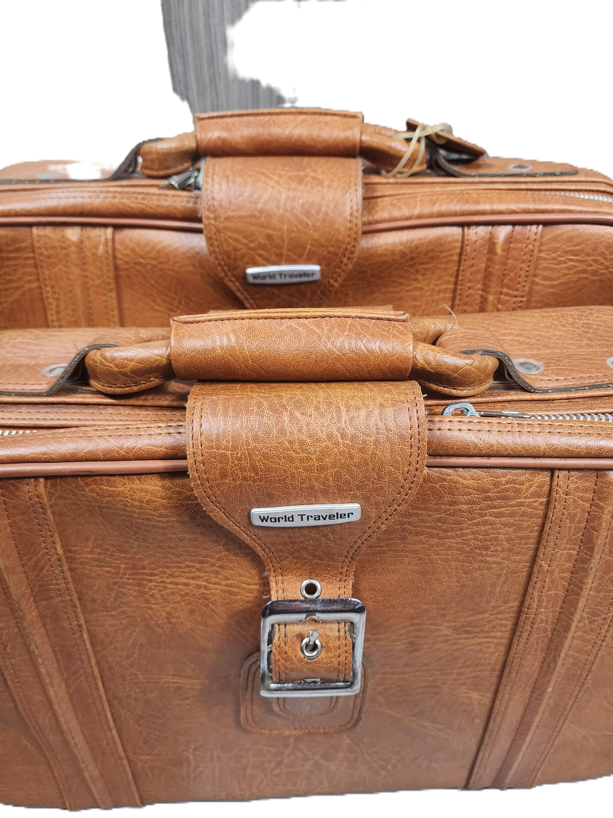 World Traveler Brown Leather Vintage Luggage Set Zipper Closure Buckle Straps