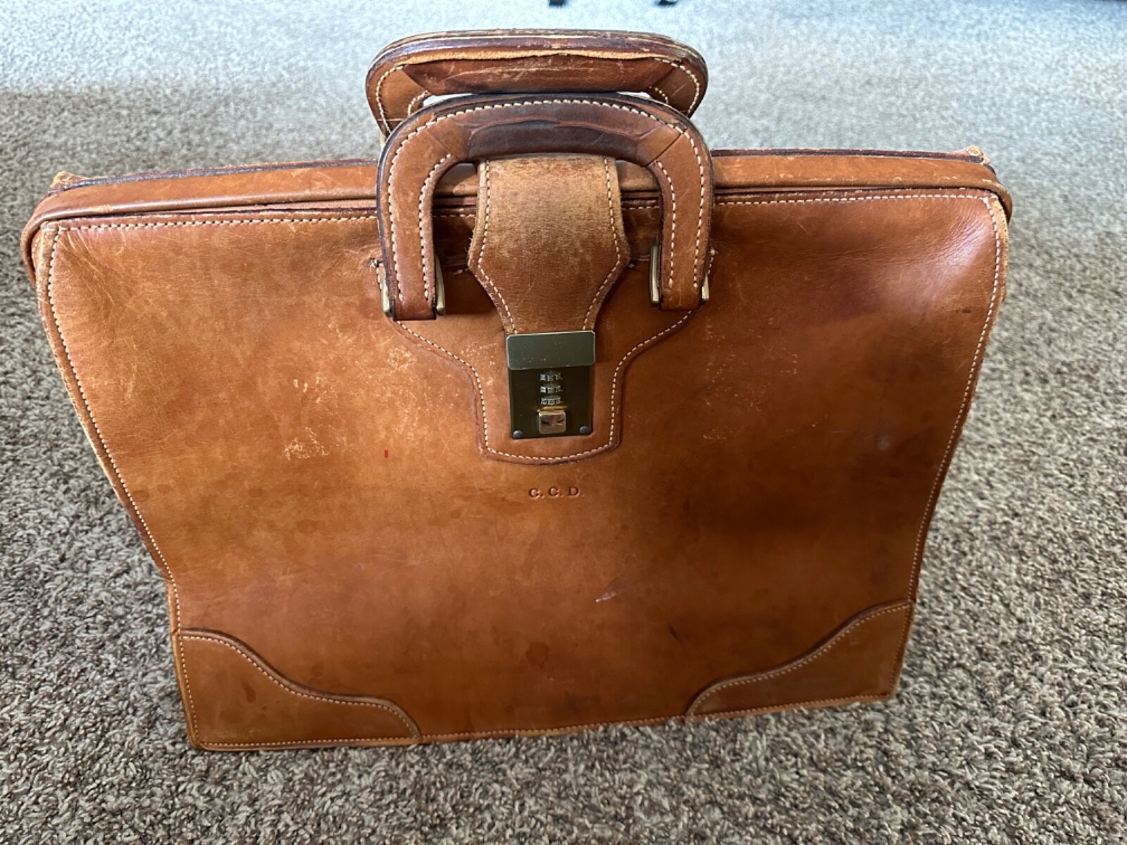 Vintage brown Top Grain Cowhide Large Leather Briefcase Presto Combination Lock