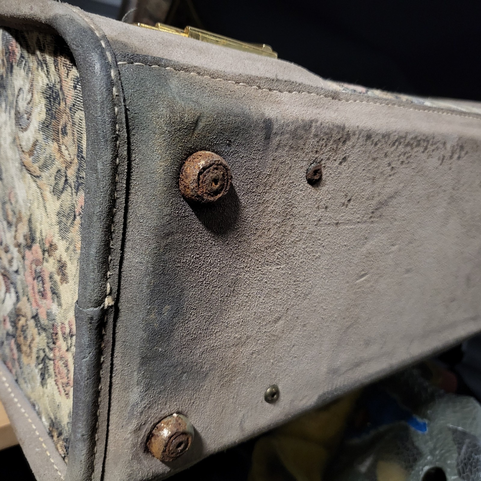 Two Vintage French Luggage Co Gray Floral Rose Tapestry & Suede Suitcases 23&28″
