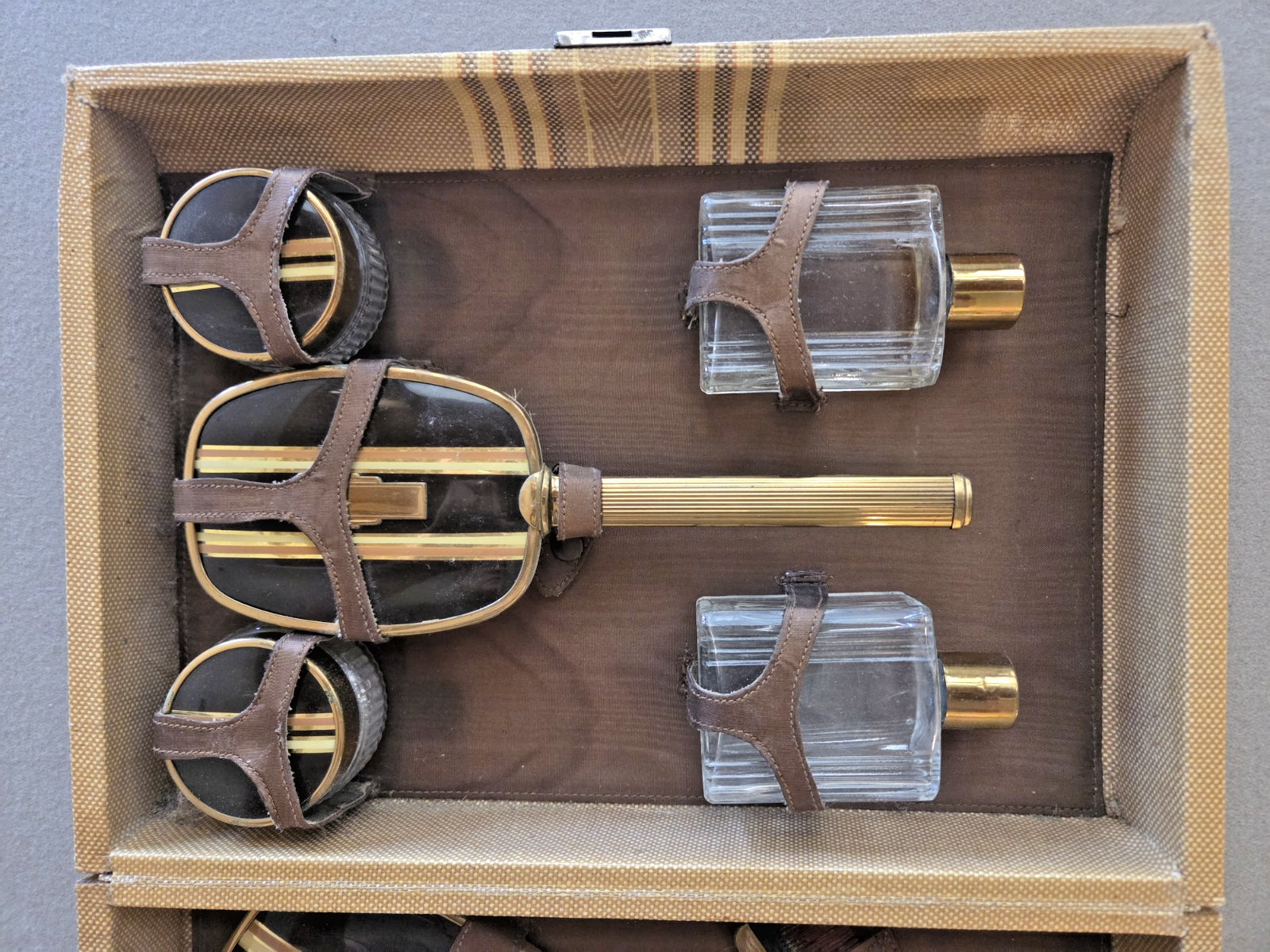 Vintage Mid-Century Travel Vanity Grooming Set | Art Deco Gold Tone | 8-Piece