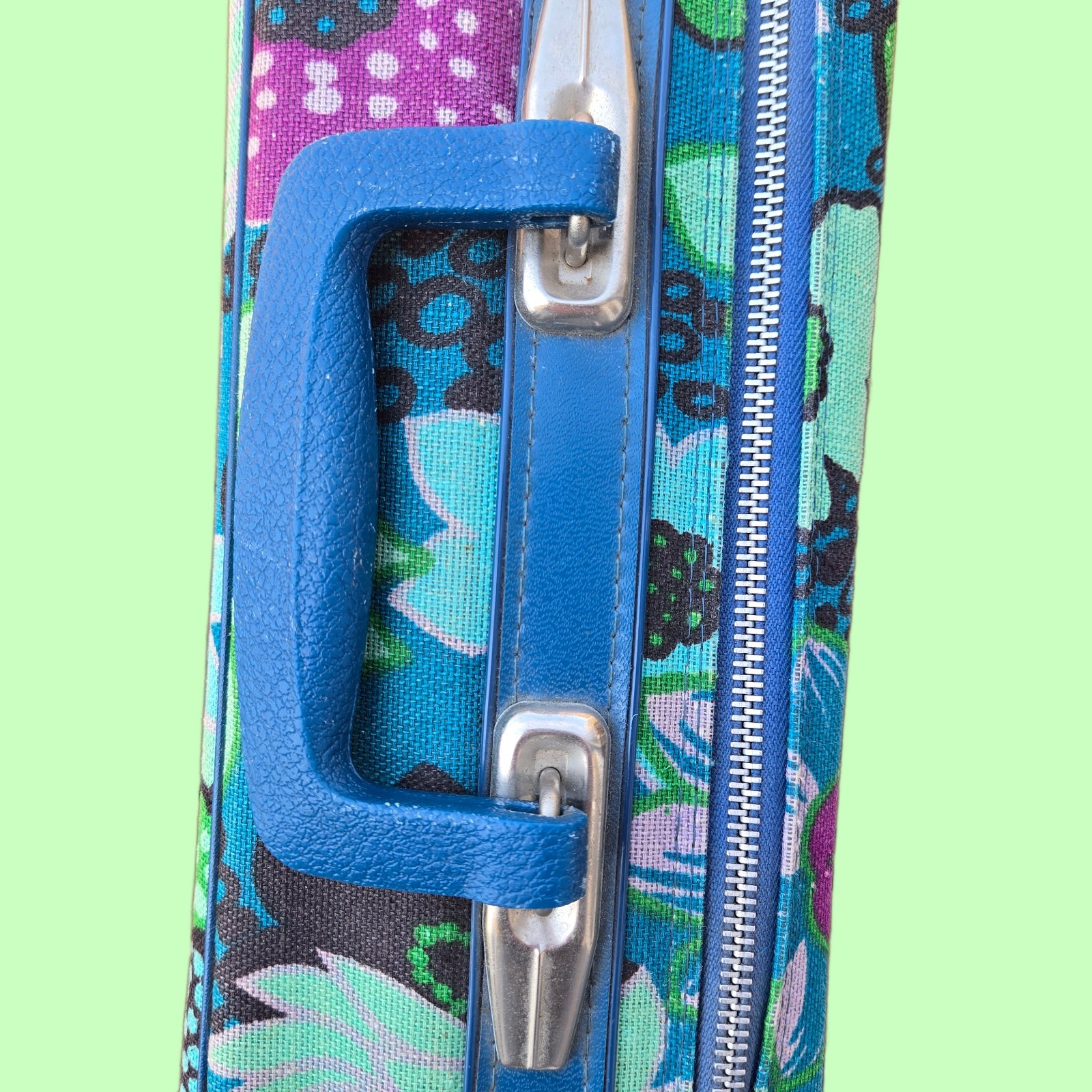 Vintage 60s Flower Power Suitcase Blue Floral Mod Overnight Bag Japan 19 x 13