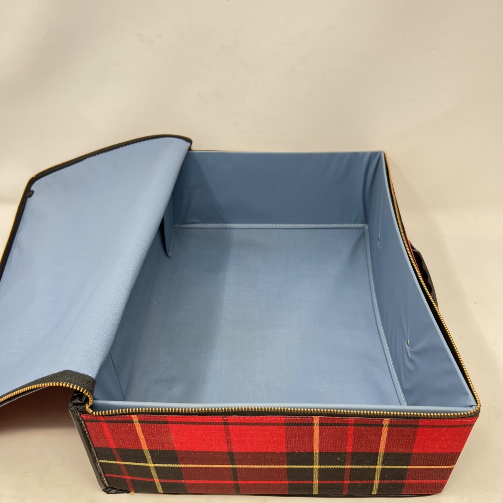 Vintage 1960’s Red Plaid Fabric Folding Collapsible Small Lightweight Suitcase