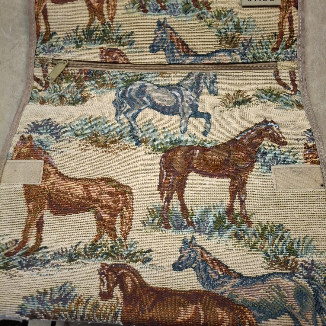 Vtg Jade Tapestry Horses Travel bag Tote with wheels 1970s