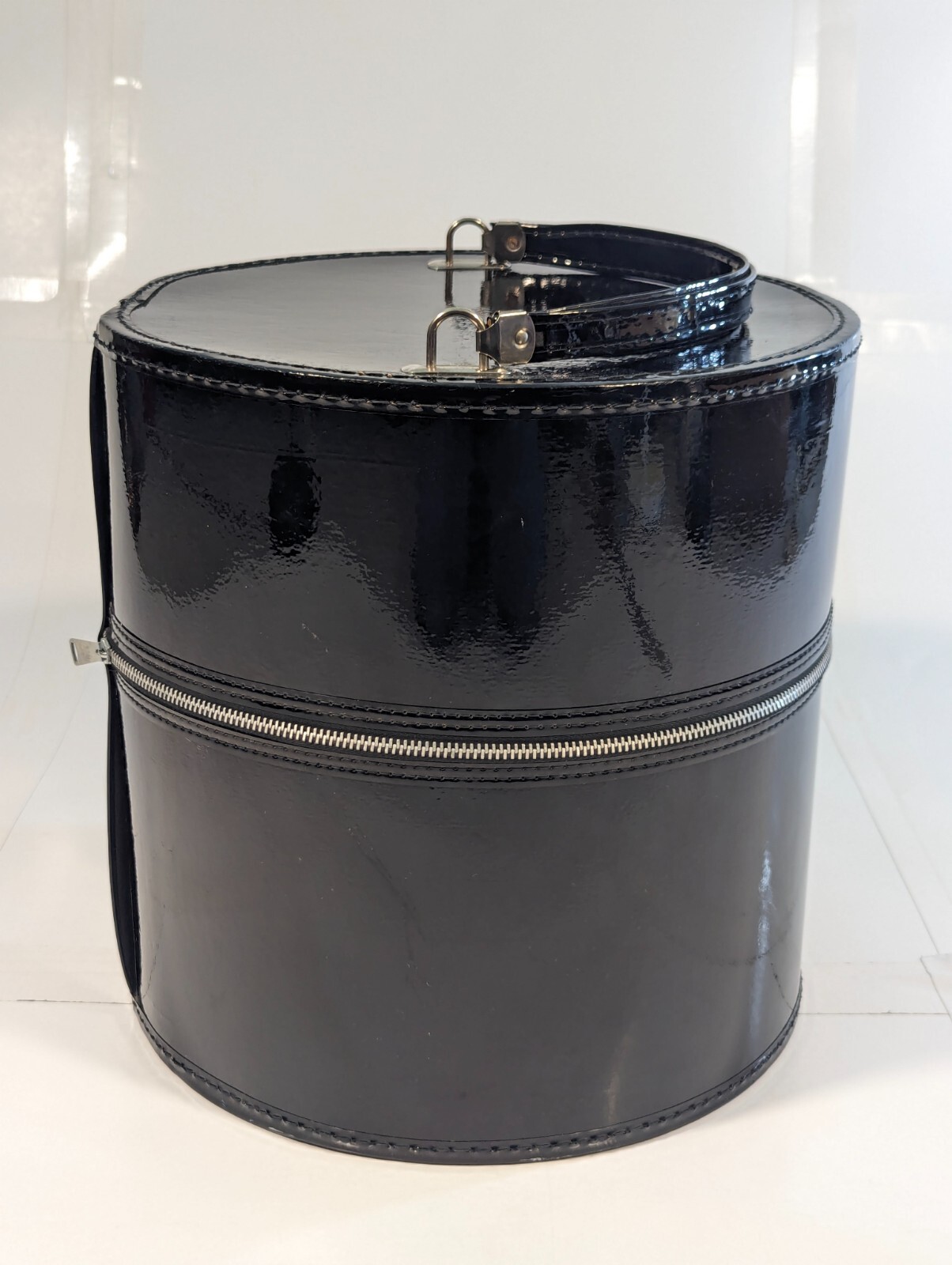 Vintage Italy Black Patent Leather Wig Hat Box Zipper Handle Travel Case Large