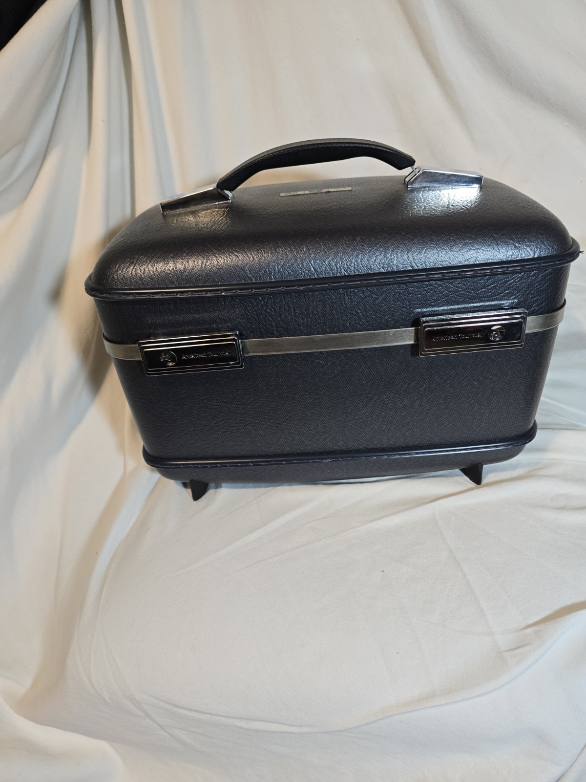 Vintage Navy Blue Gray American Tourister Train Case Key & Tray Nice and Clean