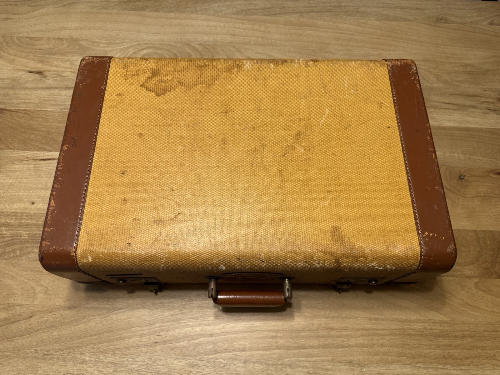 Vintage White Star Luggage Tweed / Tan Leather Trim Suitcase