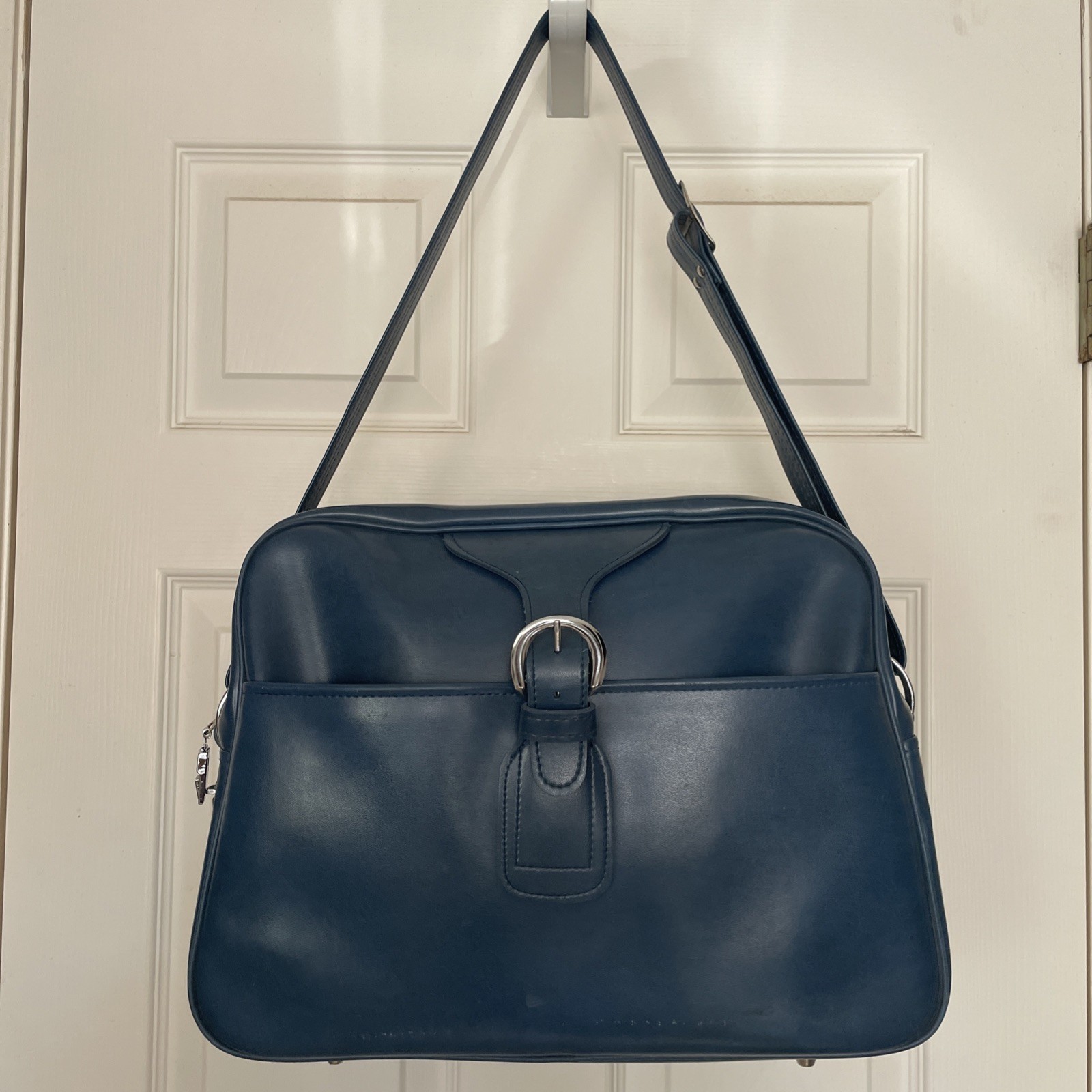 Vintage 1950s Montgomery Ward Stratolite Blue Carry On Luggage 15x11x5″