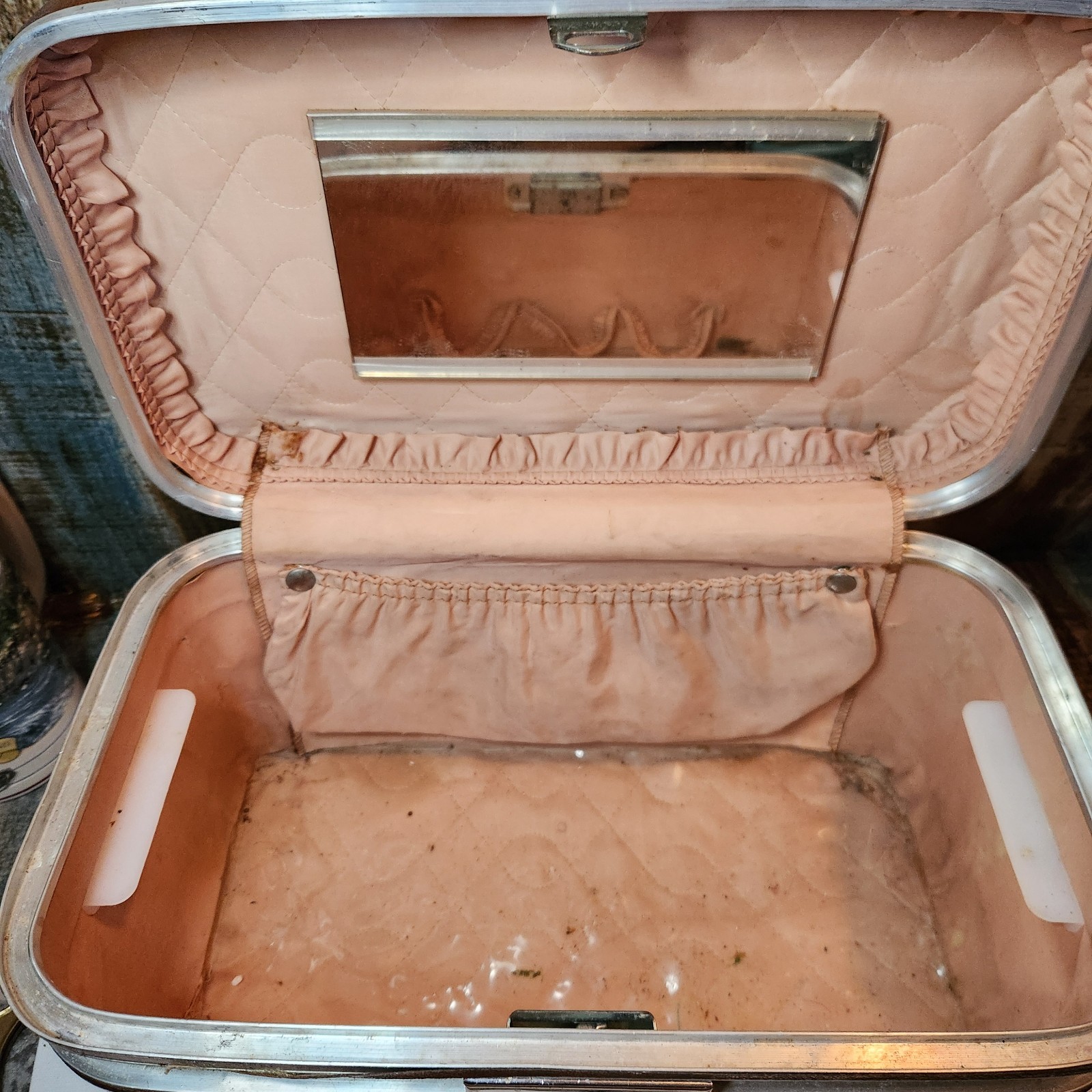 Airway Train Case Luggage Hard Shell Brown Mirror Vintage NO Key As Is Decor