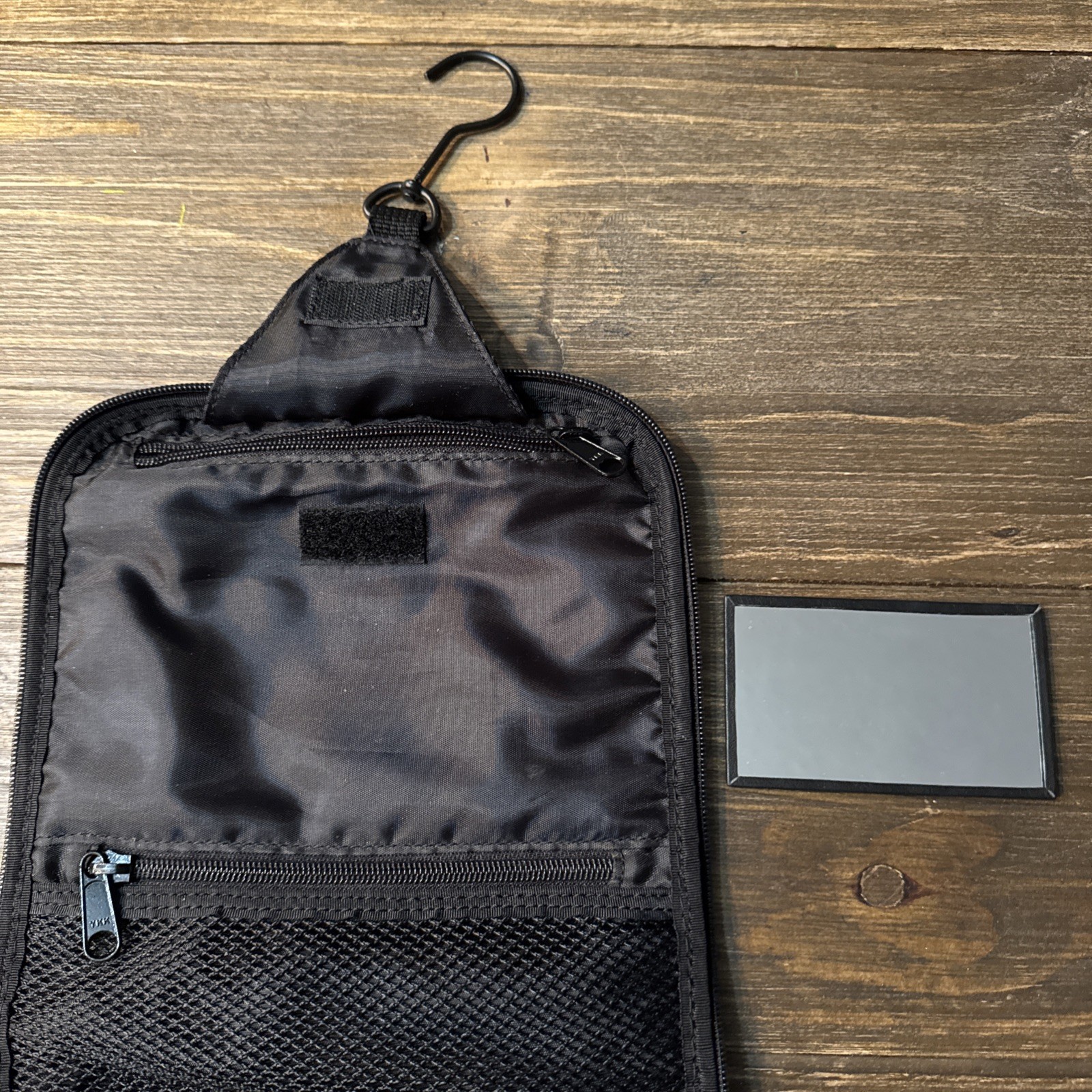 L L Bean Traveler Toiletries Bag Make Up Hanging Black Pebble Leather Mirror