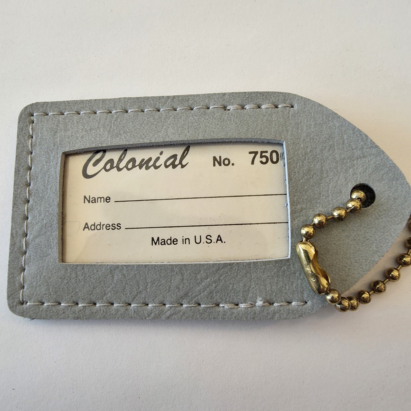 Vintage Leather Luggage Tag Clear ID Window Colonial No 750 USA MCM Gray #160