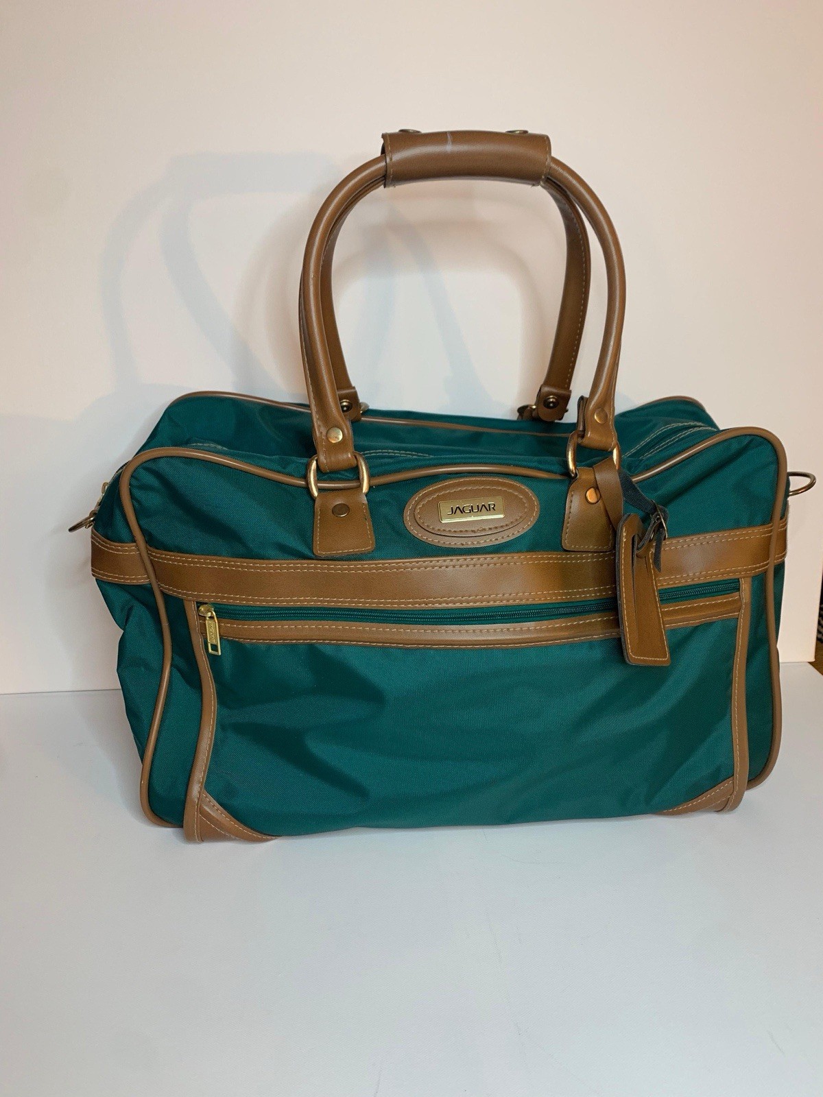 Vintage Jaguar Weekender Bag Jade Green Canvas Leather Large Travel Tote Carryon