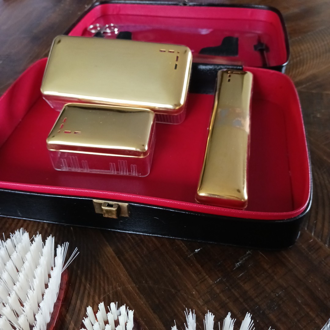 Vintage 10 Piece Travel Toiletry Grooming Kit Gold Tone Covers ***missing mirror