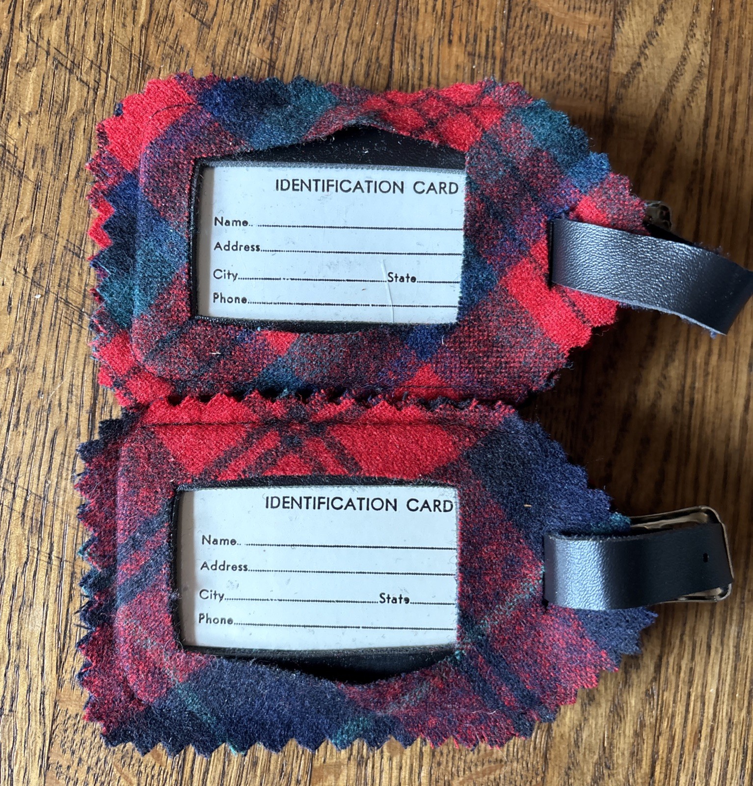 VTG Pendleton ID Tags Tartan Wool Red Plaid Luggage Pair Leather Buckle Handmade