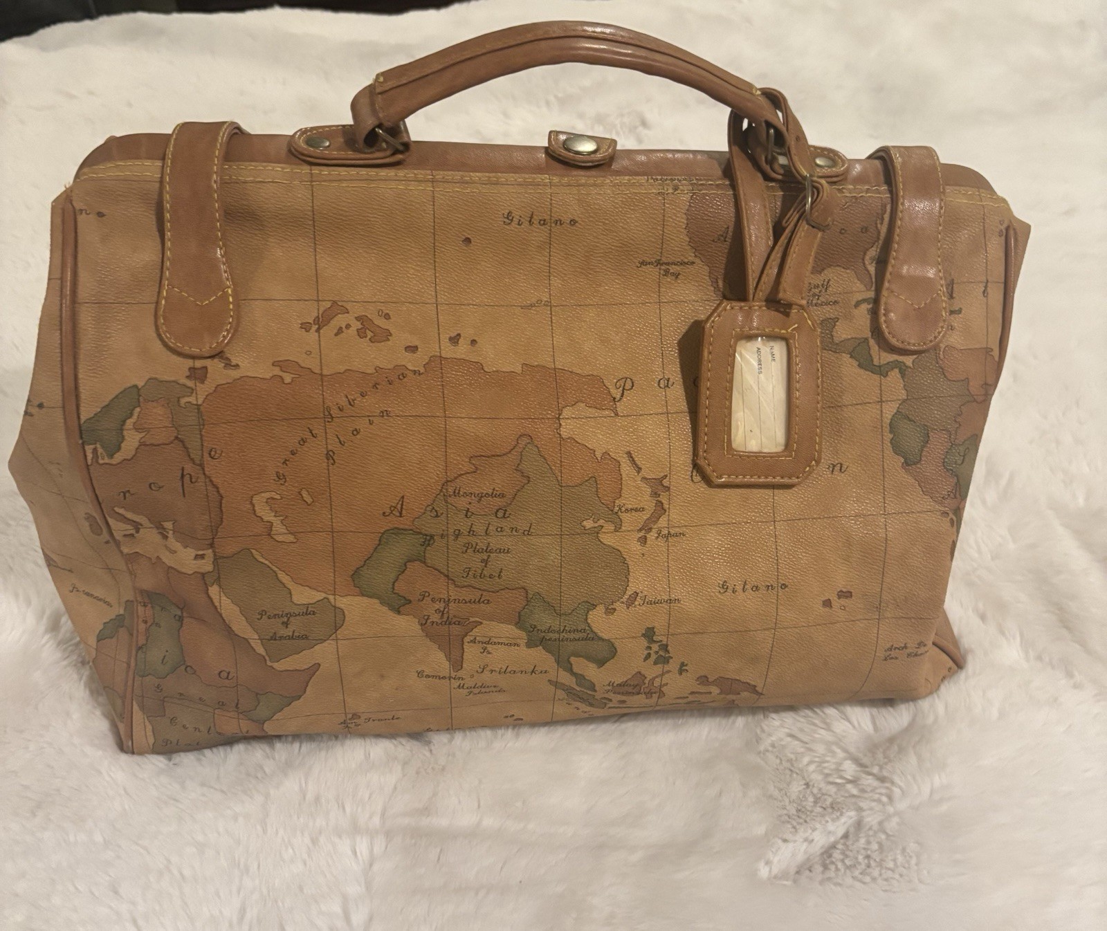 VTG Gitano World Map Duffel Bag Tan Faux Leather Travel Weekender Carry On Tote