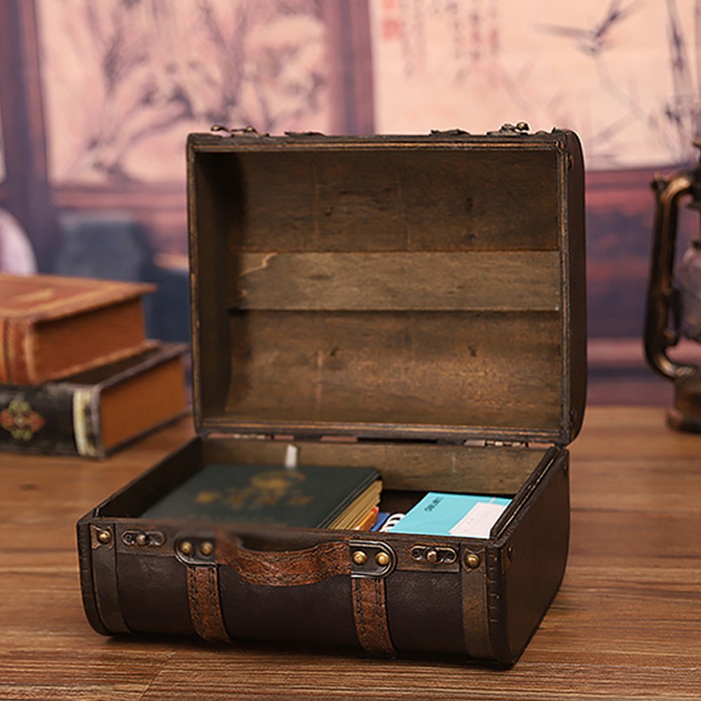 Vintage Wood Leather Antique Suitcase Storage Box Photography Prop Home Decor V1