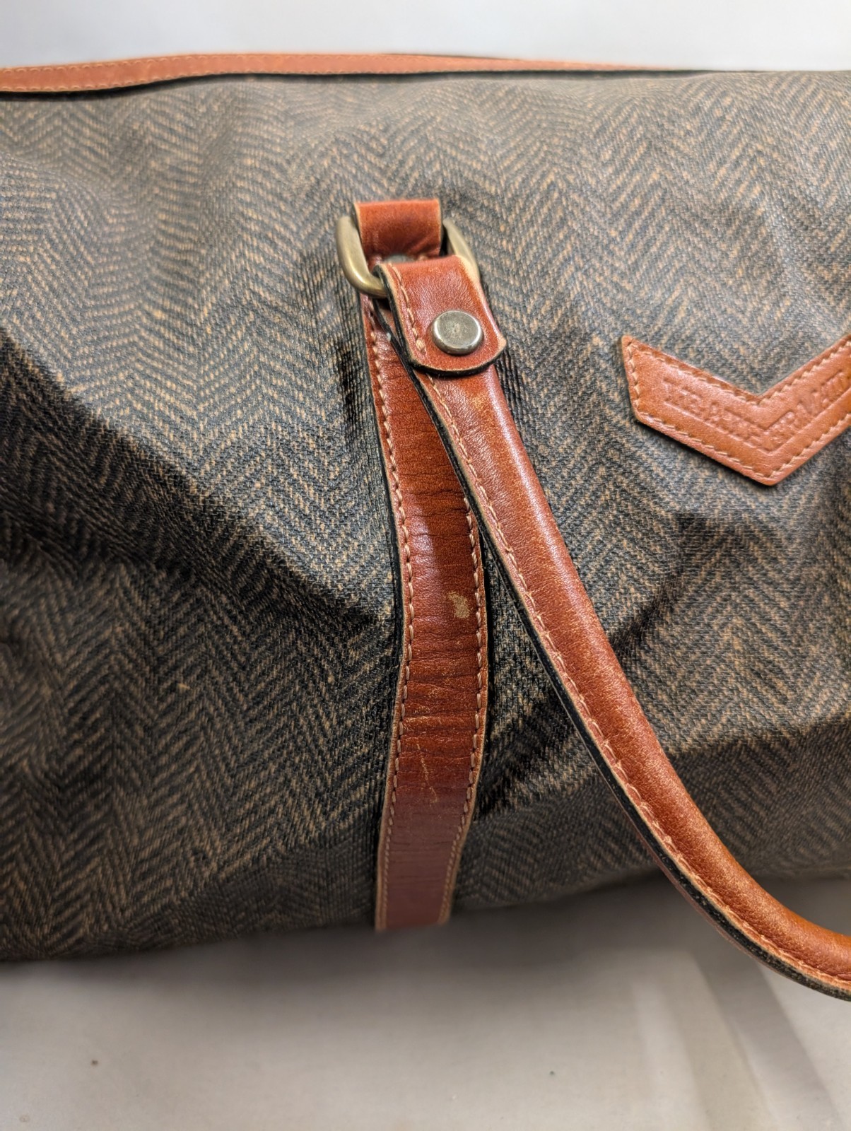 WHY Leather Mall Herringbone Duffel Bag Brown Tweed Weekender Leather Tote
