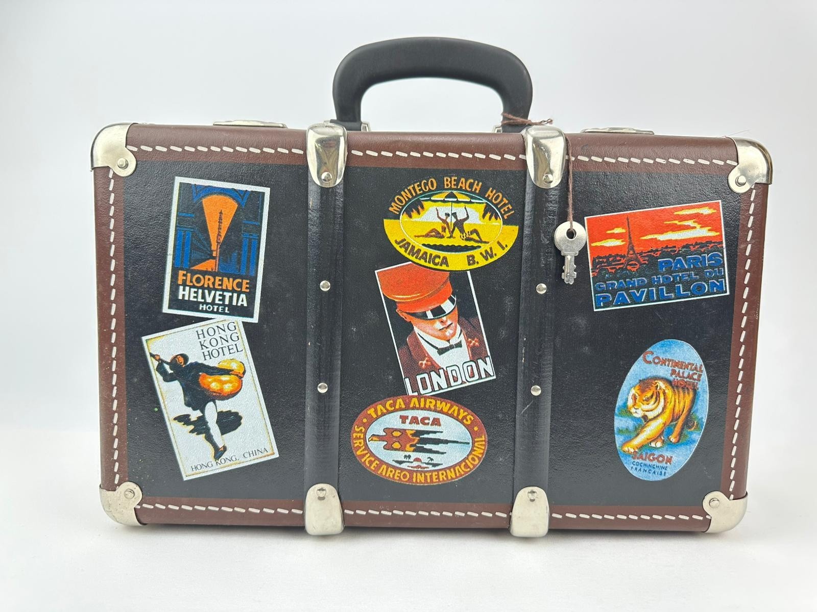 Vintage Small Hard Shell Suitcase Travel Case w Keys Retro Luggage Sticker Decor