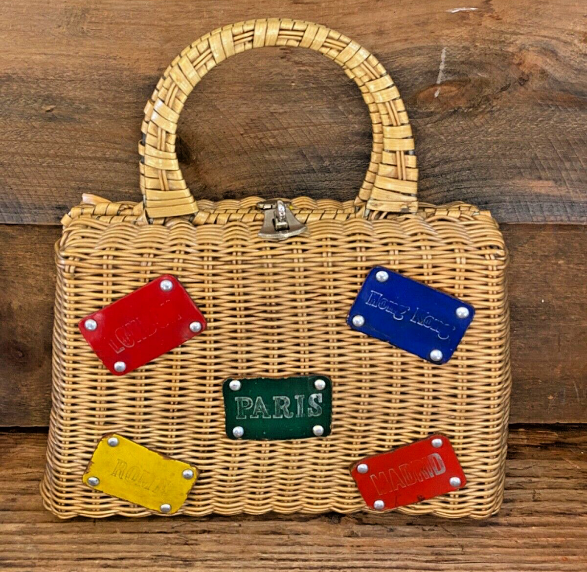 Vtg ADG Fashion Hong Kong Wicker Straw HandBag Box Travel Bag Rome Paris London