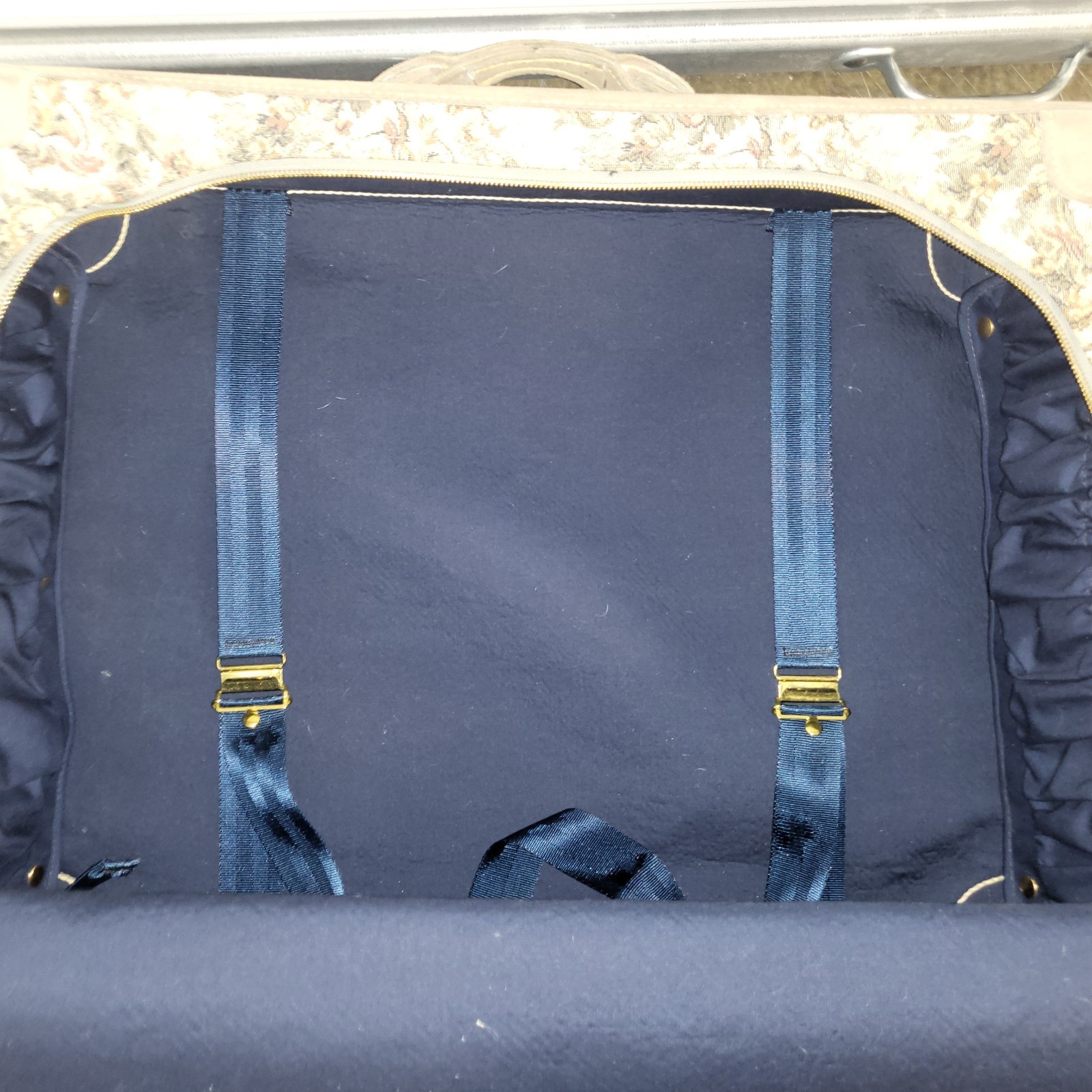 Two Vintage French Luggage Co Gray Floral Rose Tapestry & Suede Suitcases 23&28″