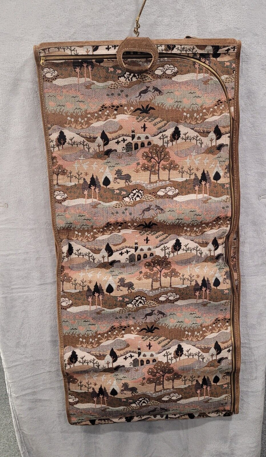 Vintage Garment Bag Embroidered Tapestry Woodsland Animals Scenes