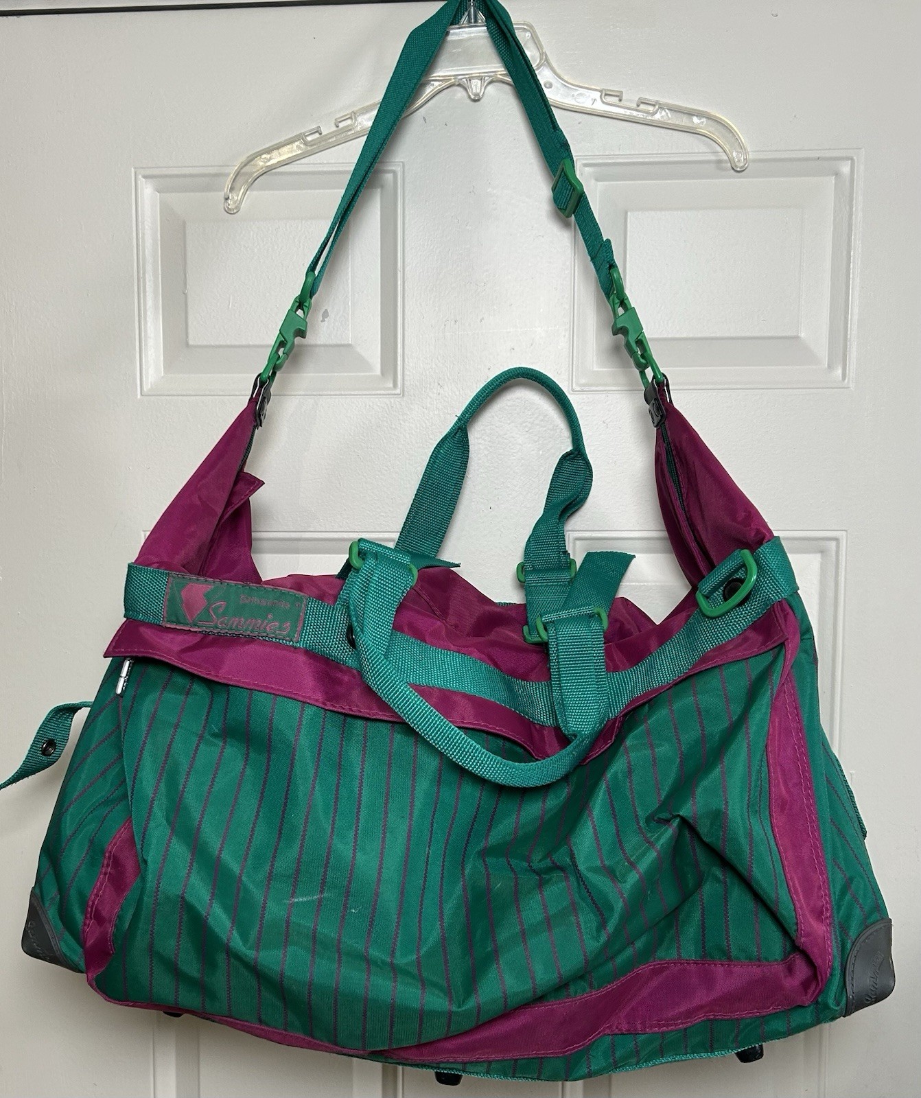 VTG 1991 Samsonite Sammies Luggage Duffle Bag Teal Green Pink Striped