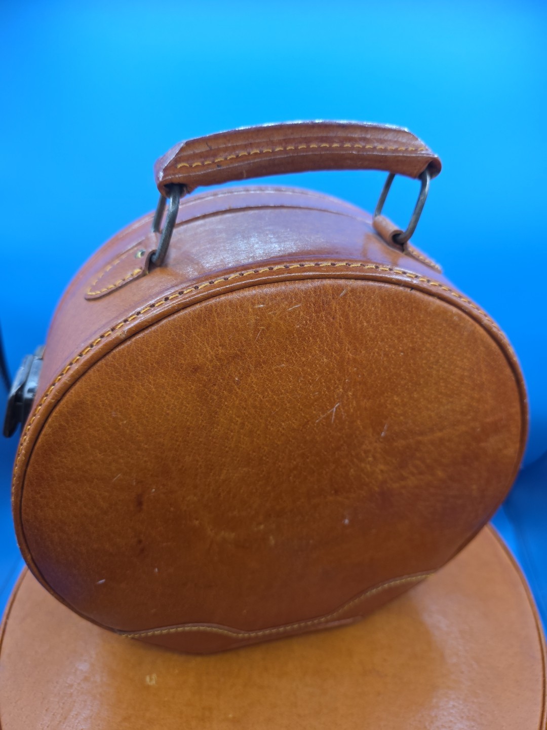 Vintage French Nesting Hat Box Suitcases 1950s Tan Leather Train Cases Set of 2