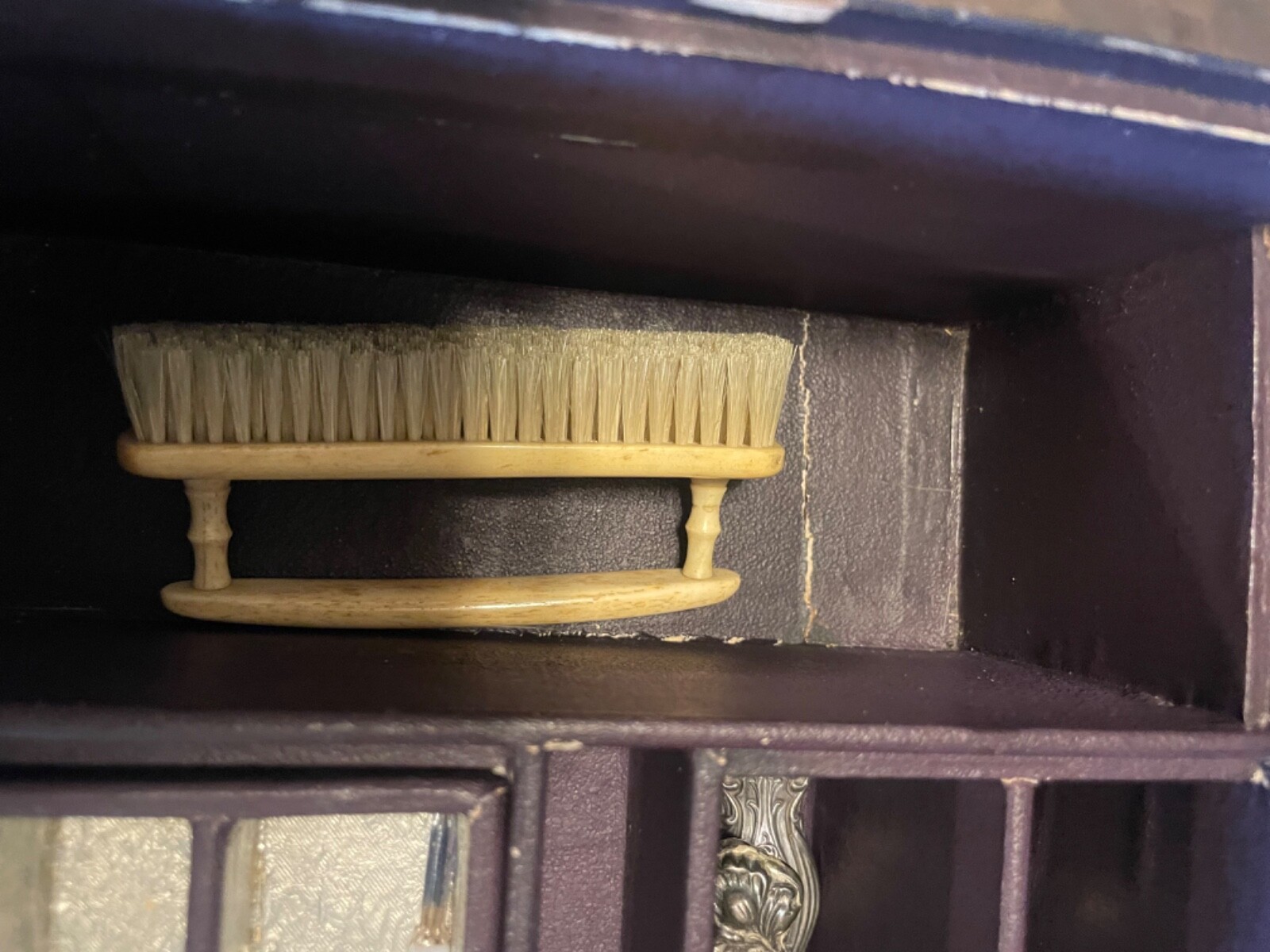 antique travel case. purple velvet interior, Mirrored lid.