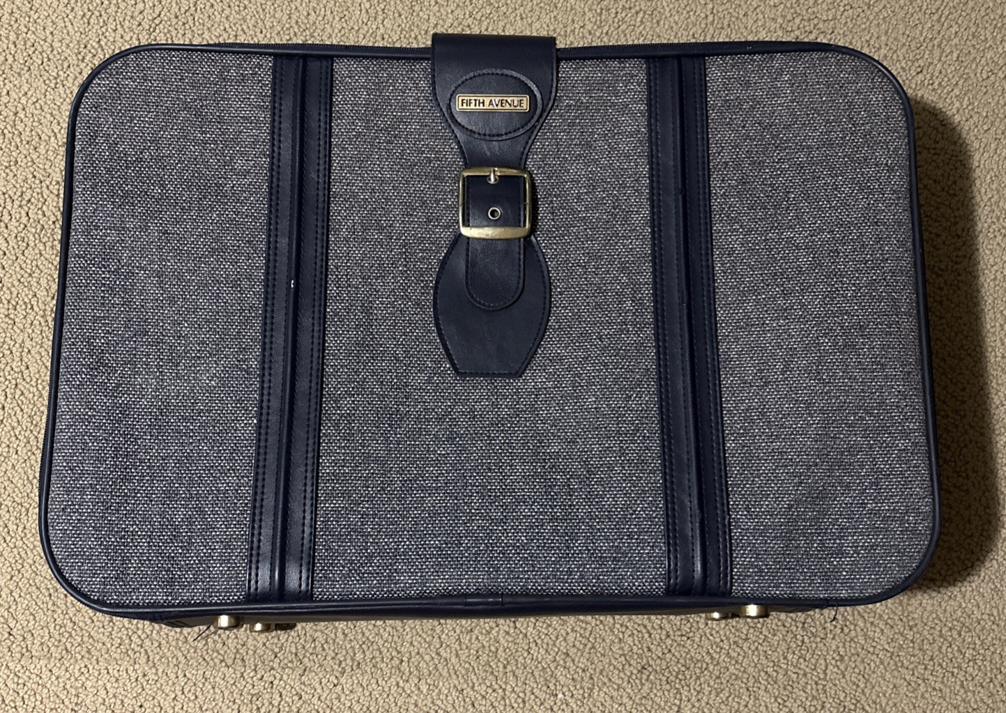 Vtg Fifth Avenue Vintage Luggage Set Blue Tweed Set Of 3 W/ Buckles