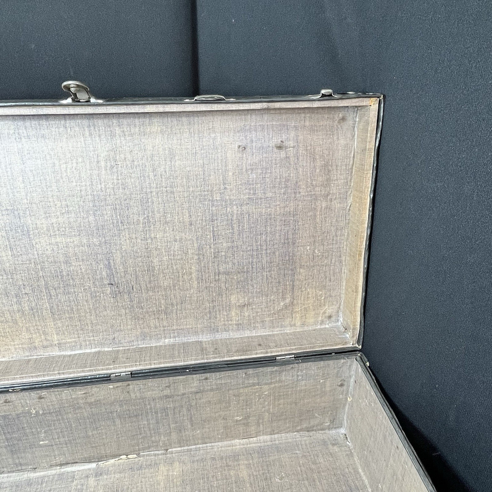 Black Cardboard Travel Suitcase Leather Handle Metal Corners Paper Inside 1930s