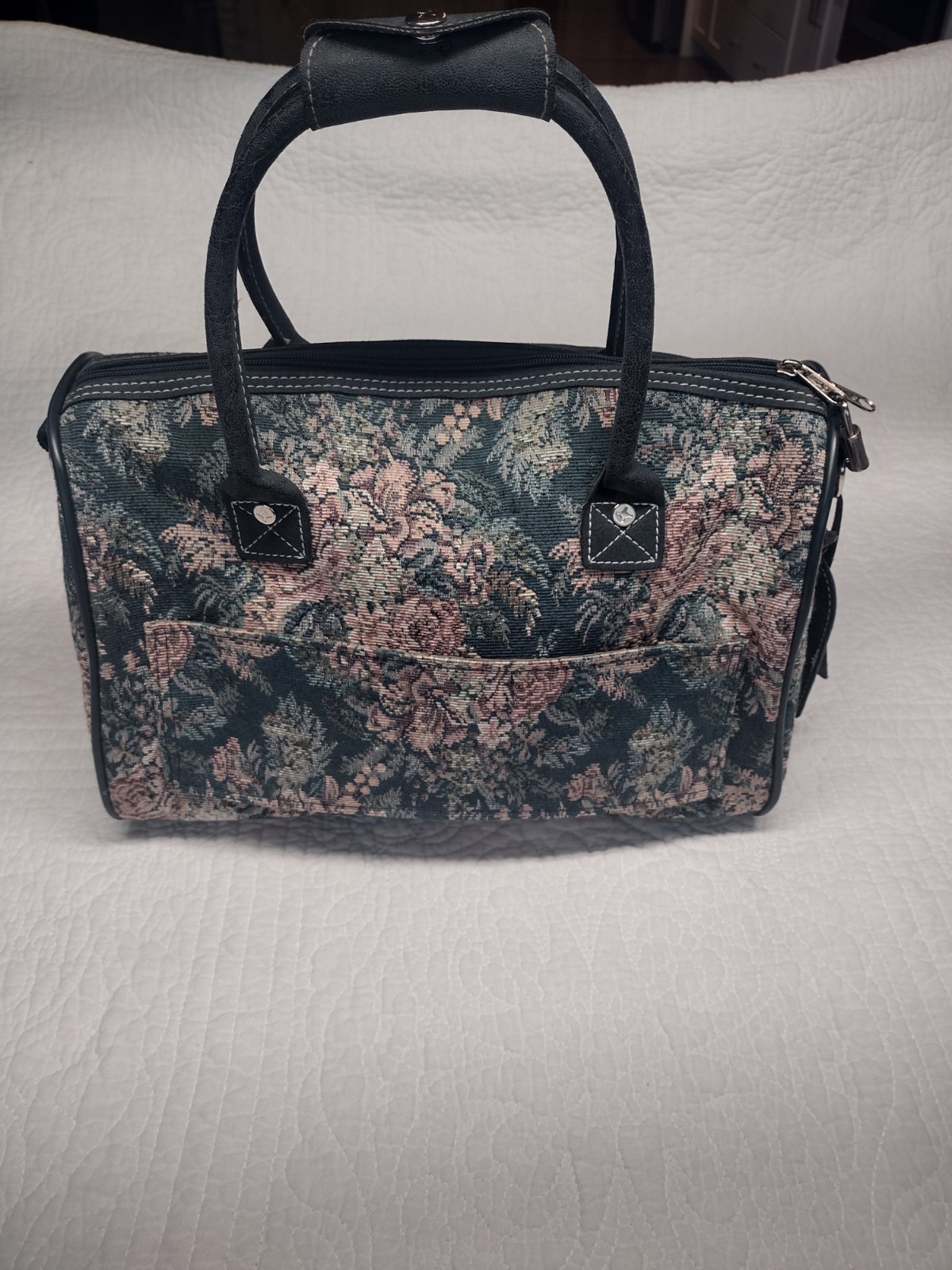 Vintage Atlantic Luggage Floral Tapestry Carry On Travel Bag Green Pink Roses