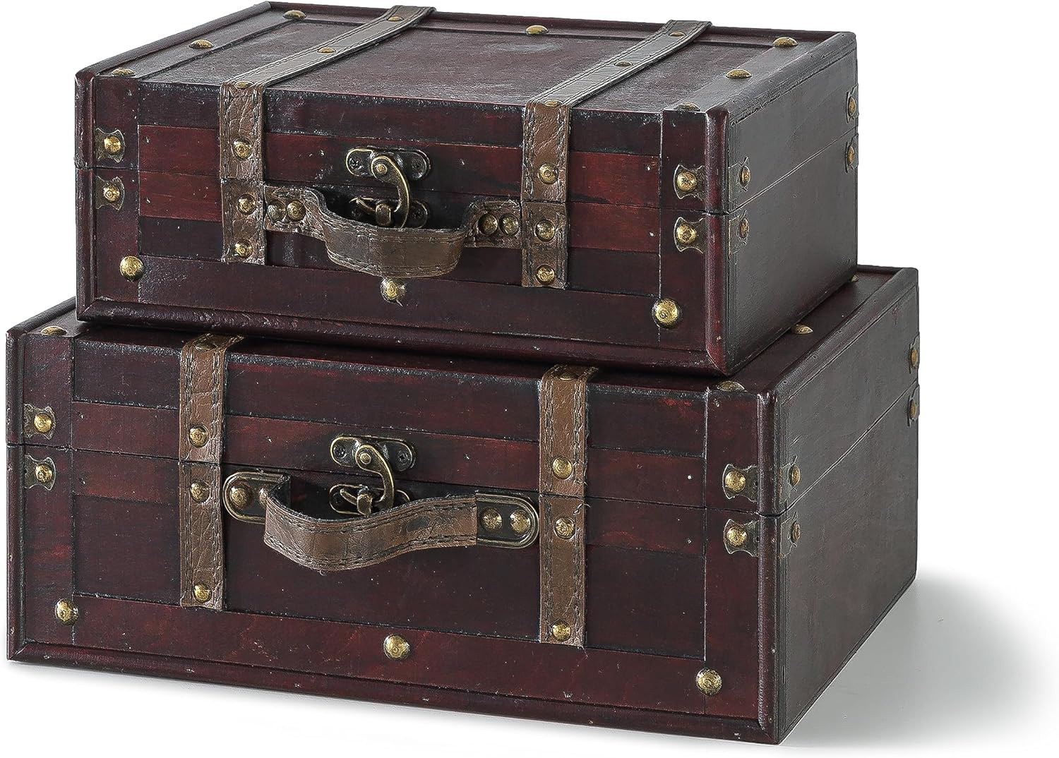 Wooden Vintage Luggage Trunks – Set of 2, Decorative Antique Suitcase Boxes with