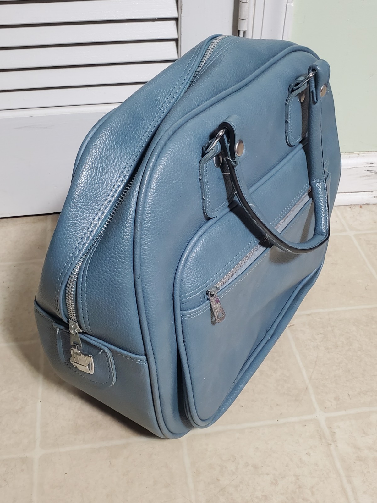 Vintage Slate Blue Faux Leather Purse Carry-On Travel Products Bag Made In Korea