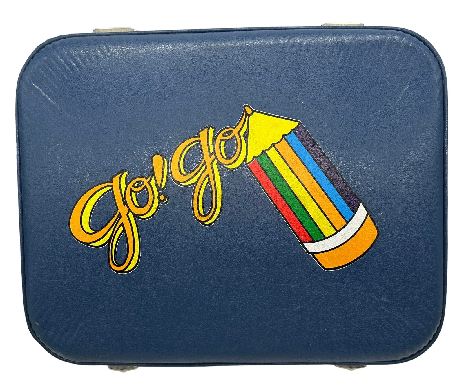 Vintage Blue Go Go Child’s Suitcase Hardside Going to Grandmas Rainbow Pencil