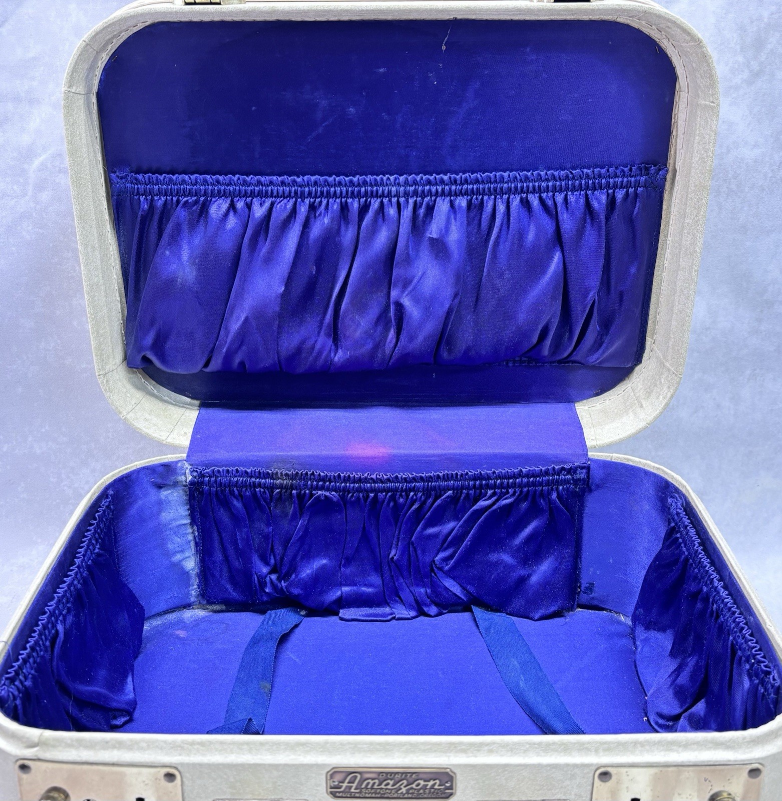 Vintage Durite Amazon Train Case Cream with Purple Satin Interior Mid Century