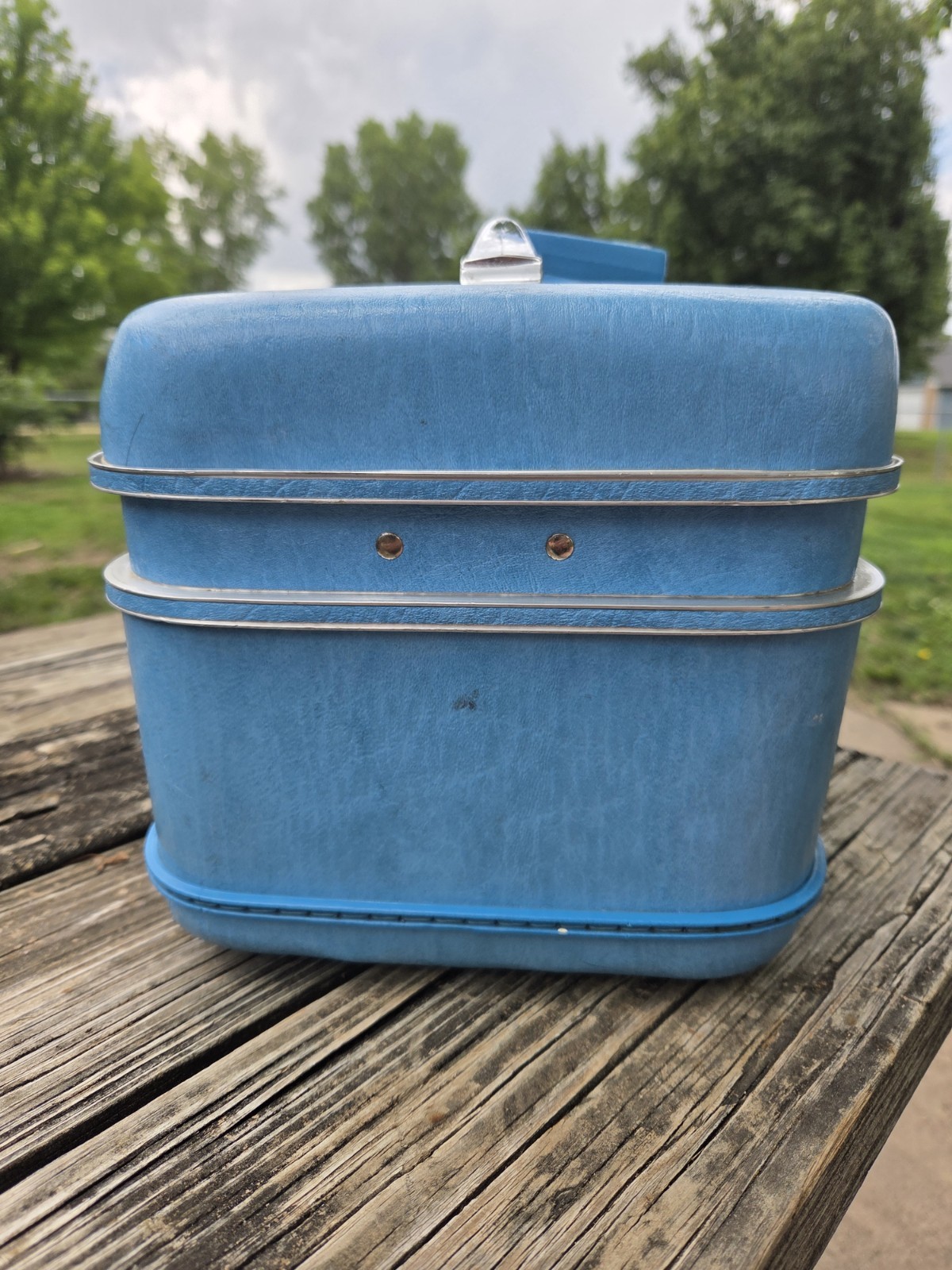 Vintage Blue Airway Hard Sided Travel vanity Train case Luggage Mirror Tray