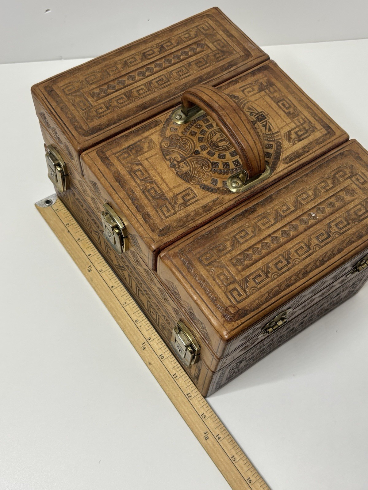 Vintage Tooled Leather Artmex Mexico Travel Overnight Vanity Train Case