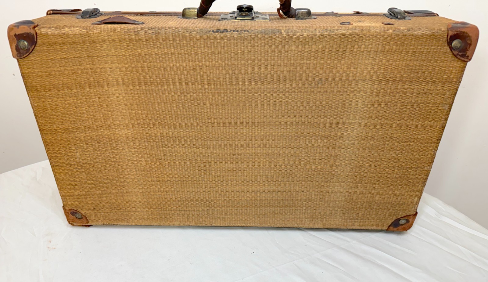 rare antique 19th century handmade woven wicker leather brass travel suitcase