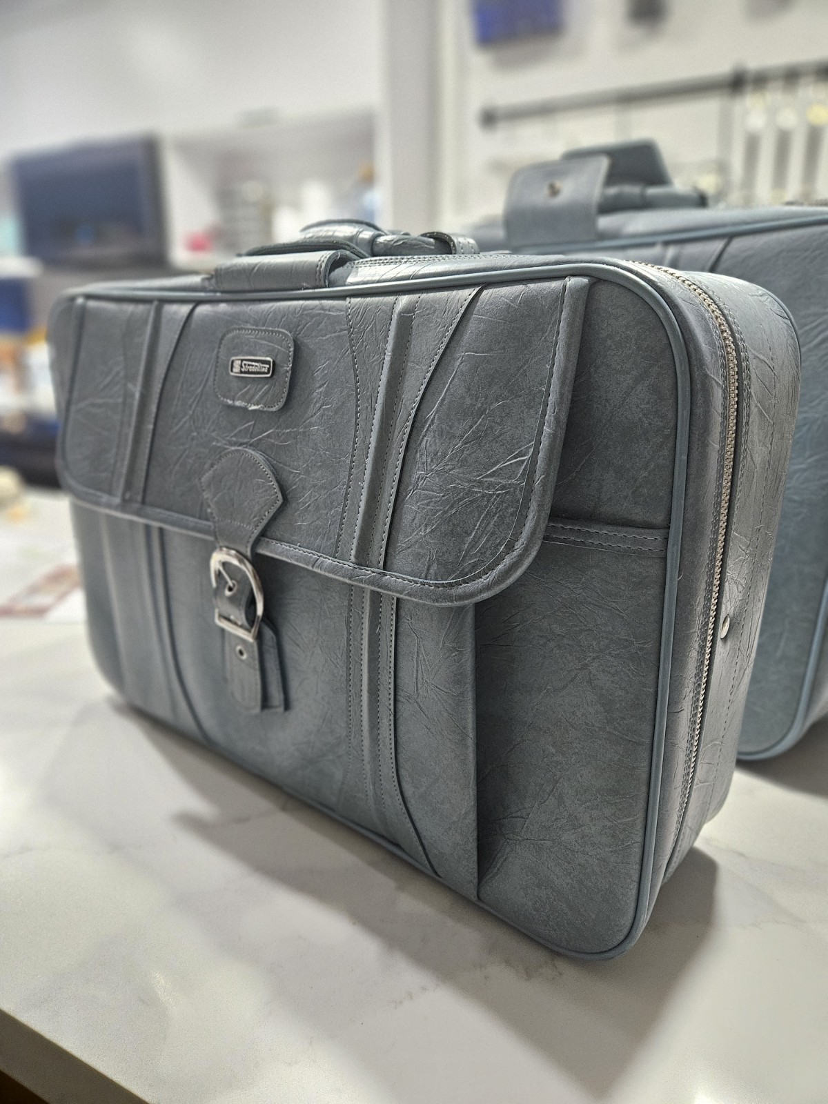 Vintage 70,s Stradellina Luggage Set.Dusty Blue Italian Travel Suitcase .