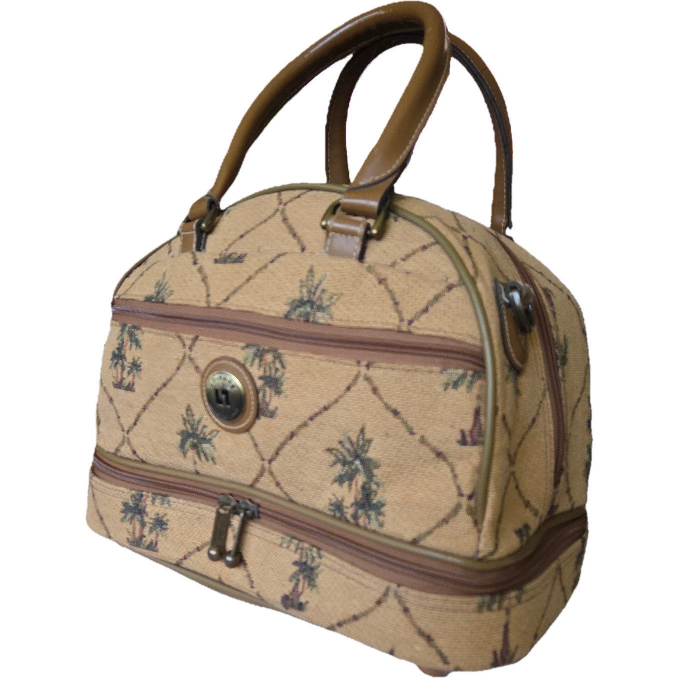 Vtg 80s Leisure International Tan Vanity Bag Case Tropical Palm Tapestry EUC