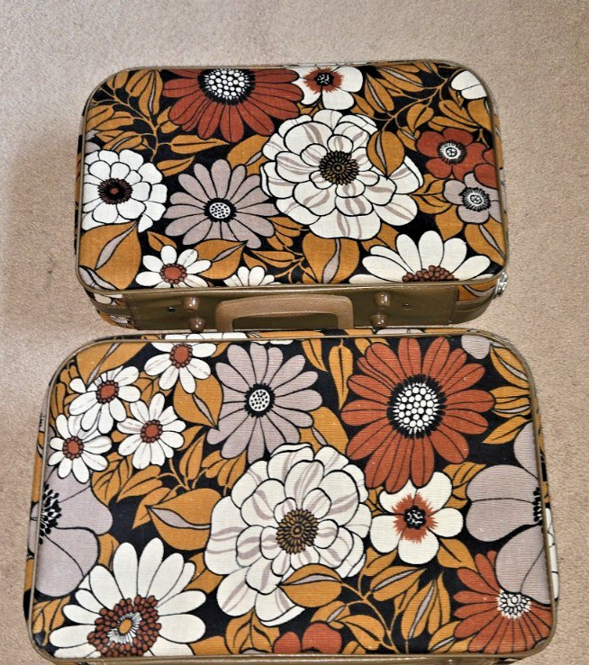 PAIR VTG 60’s Floral Hippie Flower Power MCM Canvas Suitcase Retro Groovy KEYS!