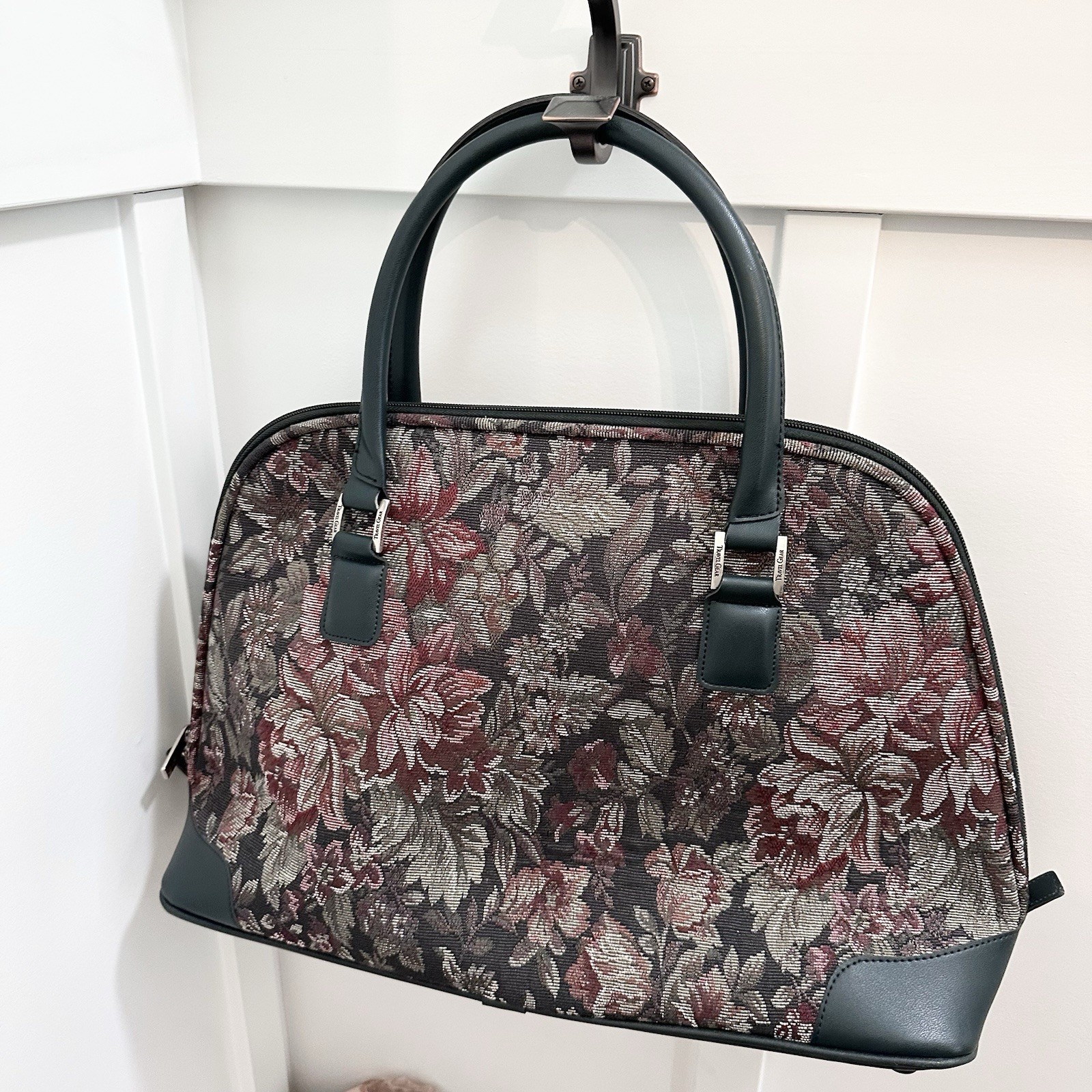 Vintage Travel Gear Tapestry Floral Satchel Luggage Mary Poppins Bag Green Rose