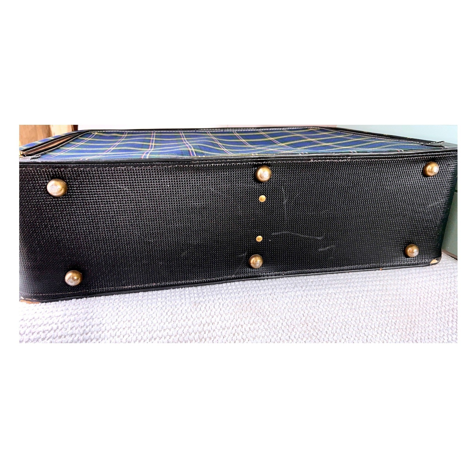 Vintage Leeds Plaid Suitcase Blue Green Soft Sided Luggage Retro Travel Bag