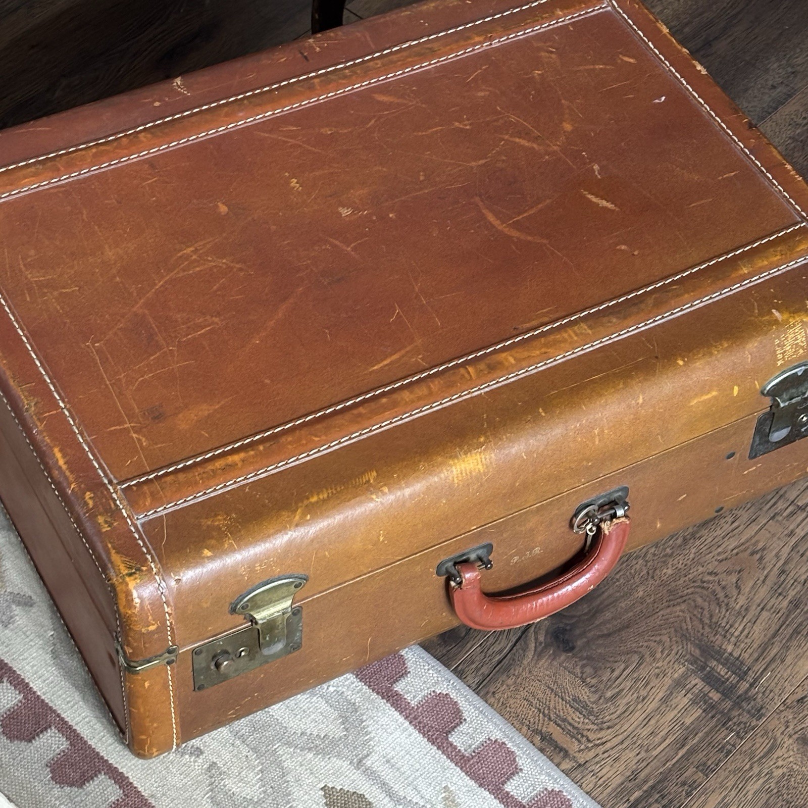 1940s Genuine Cowhide Leather Suitcase Tweed Interior Designer Prop Luggage ￼￼