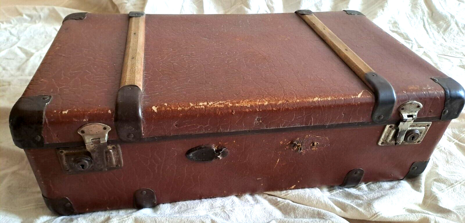 Antique Vintage Cardboard Suitcase Wooden Frame Bulgarian Stamp Decor Prop