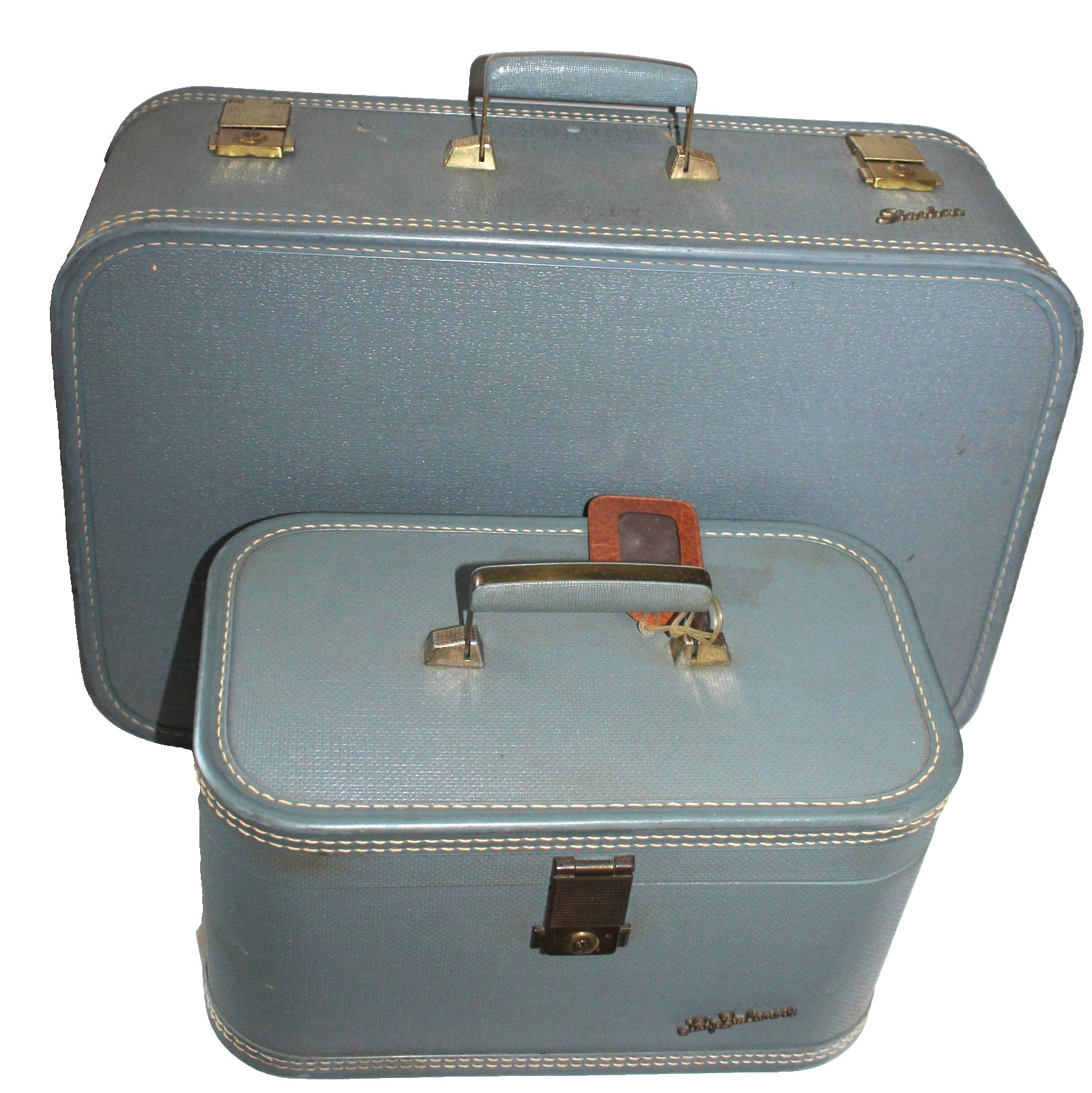 VINTAGE STARLINE LOT 2 BLUE MCM 50’S SUITCASES TRAVEL VANITY MAKEUP CASE NO KEYS