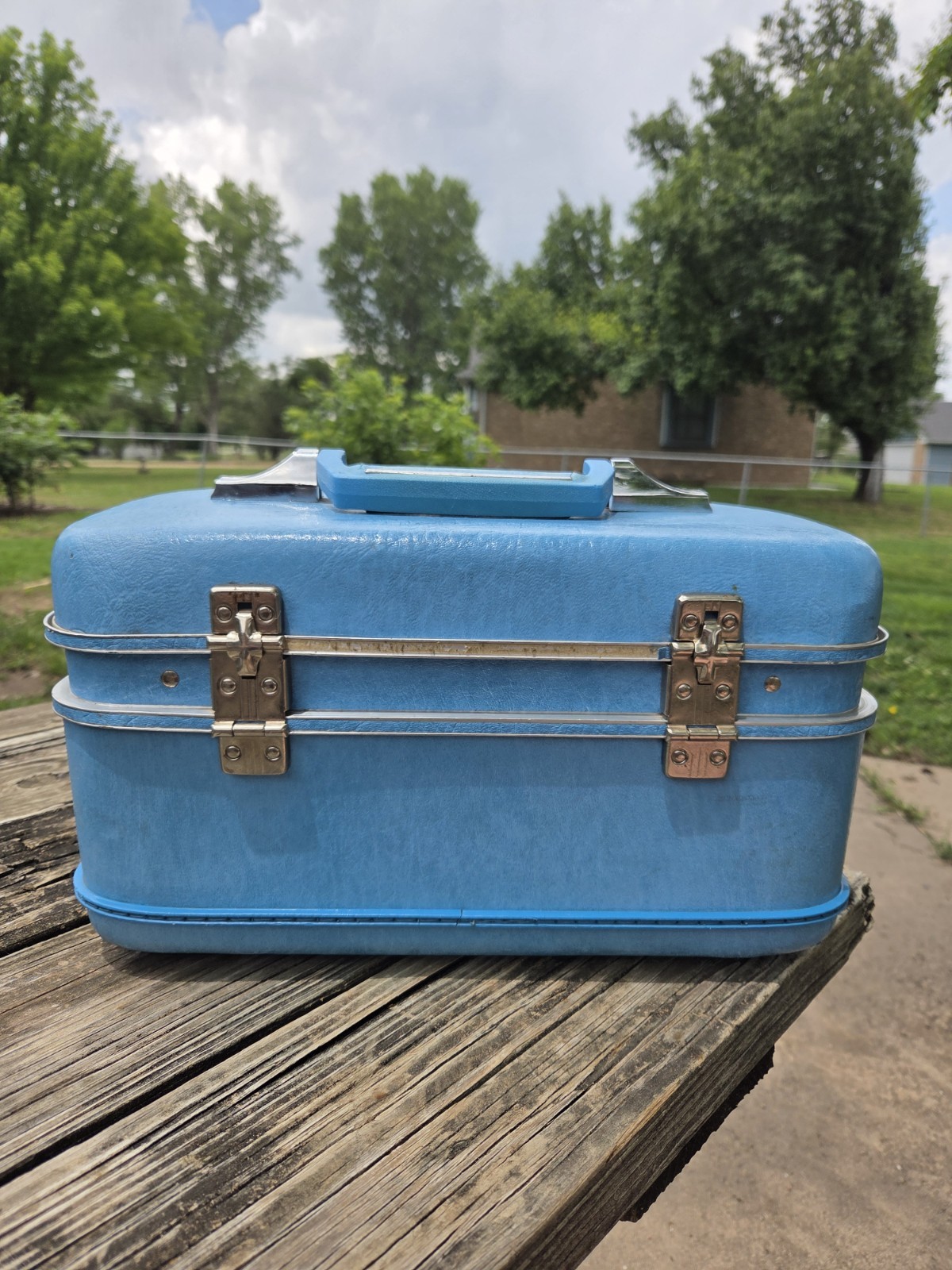 Vintage Blue Airway Hard Sided Travel vanity Train case Luggage Mirror Tray