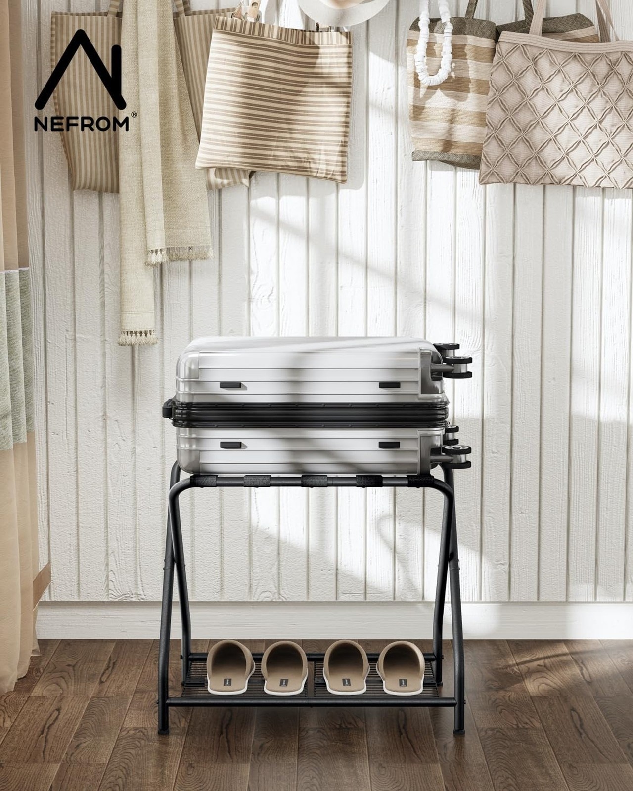 1-Piece Foldable Black Luggage Rack Stand with Storage Shelf – Heavy Duty Met…